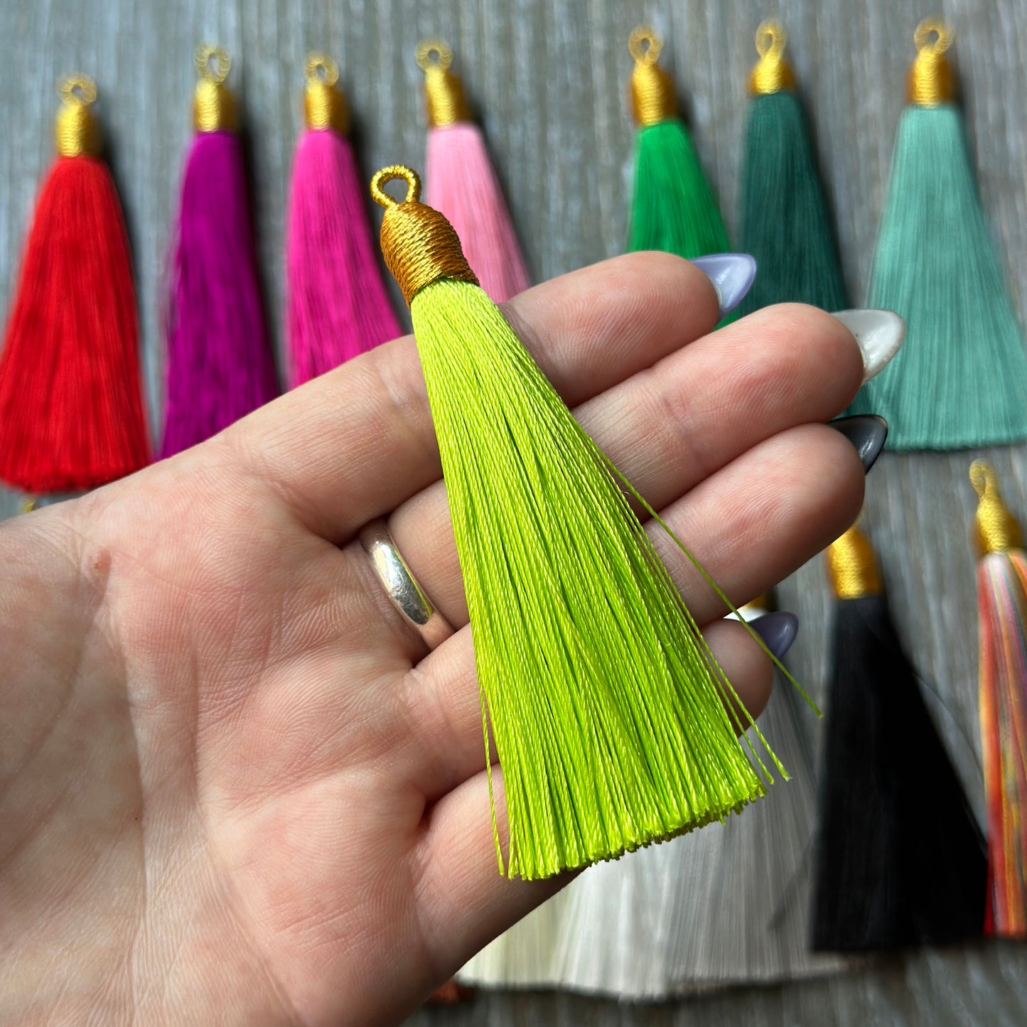 3" neon green gold top tassel