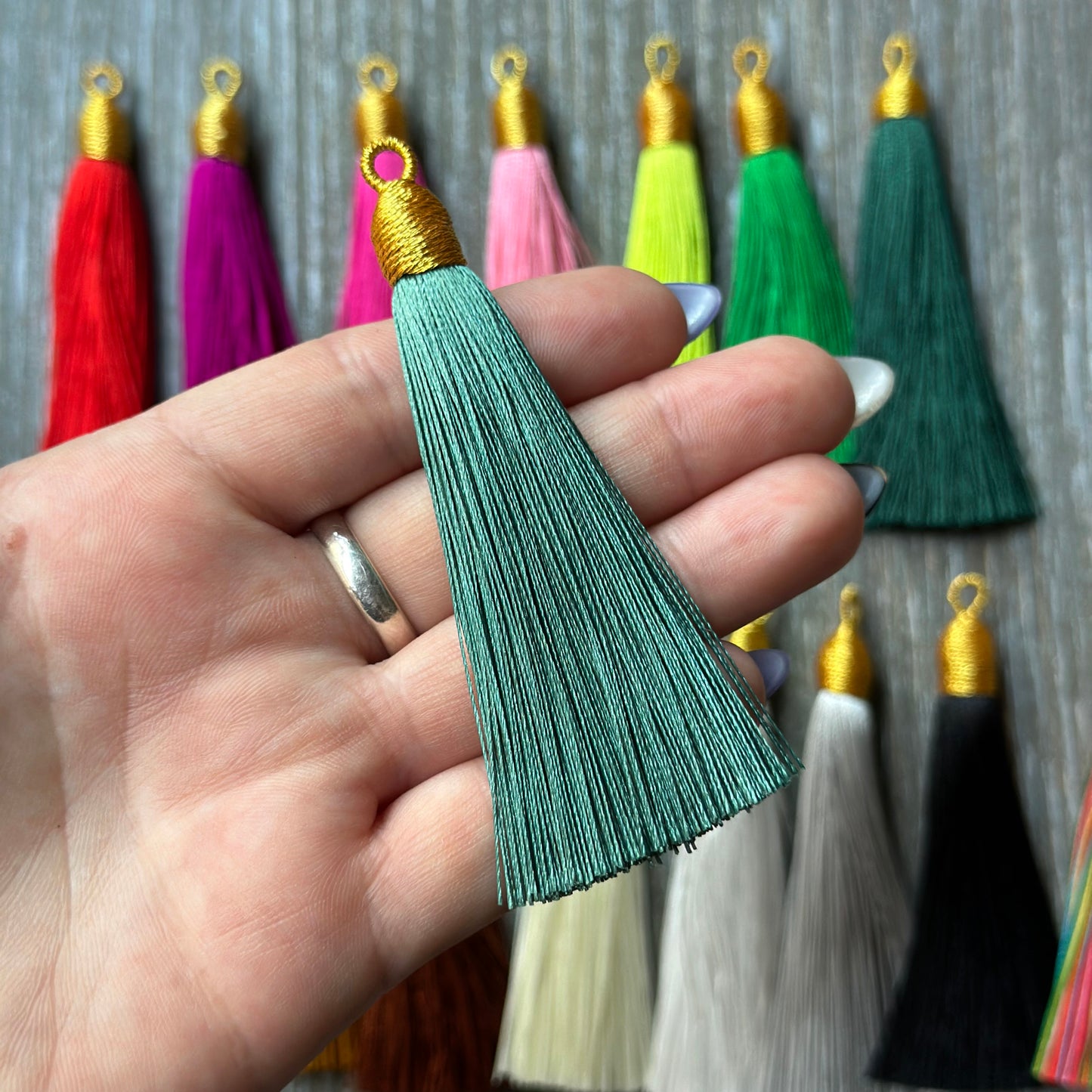 3" seagreen gold top tassel