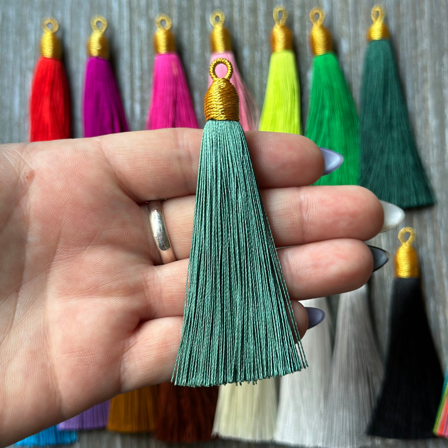 3" seagreen gold top tassel