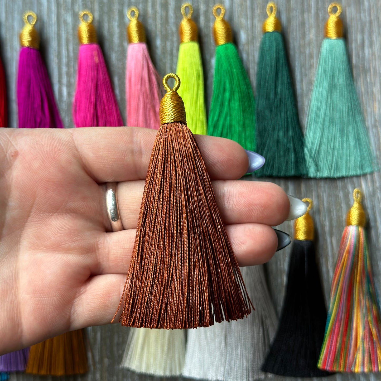 3" warm brown gold top tassel