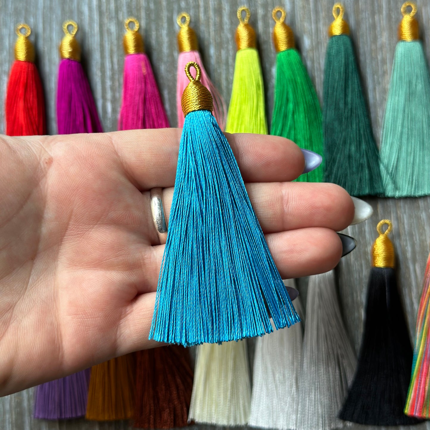 3" cyan gold top tassel