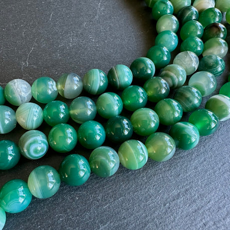 10mm seagreen striped agate beads - round - smooth - 15" strand - approx. 35 beads