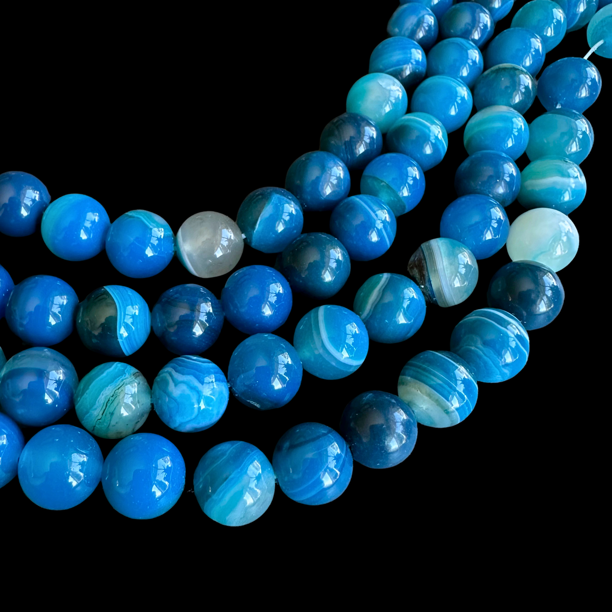 10mm blue striped agate beads - round - smooth - 15" strand - approx. 35 beads