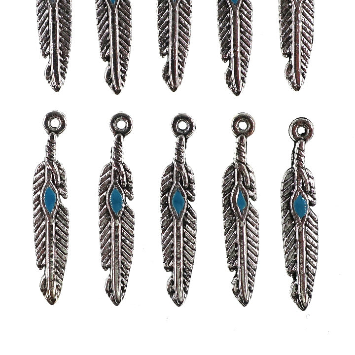 (10 pack) Feather w/ blue enamel charms - antique silver color