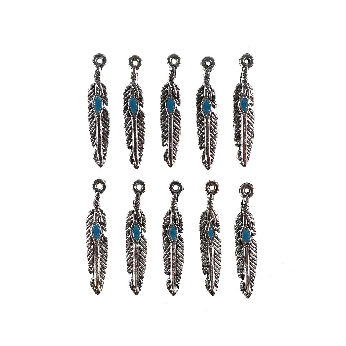 (10 pack) Feather w/ blue enamel charms - antique silver color