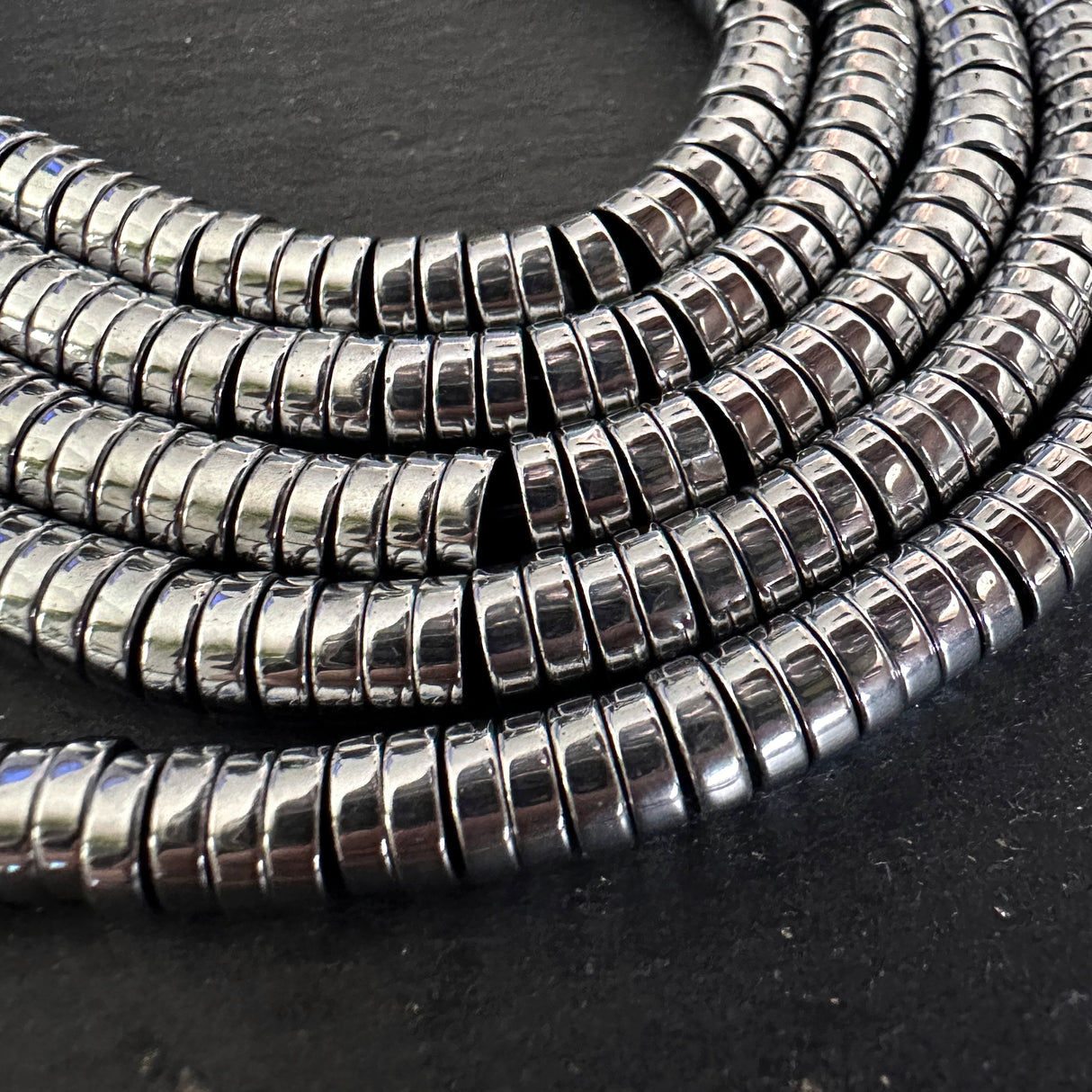 6mm platinum silver electroplated hematite beads - heishi - smooth - 15" strand - approx. 195 beads