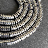 6mm platinum silver electroplated hematite beads - heishi - smooth - 15" strand - approx. 195 beads