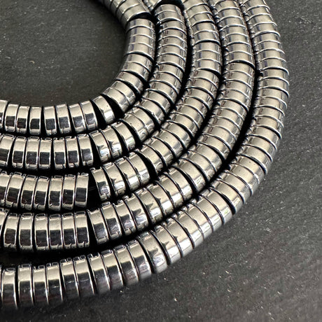 6mm platinum silver electroplated hematite beads - heishi - smooth - 15" strand - approx. 195 beads