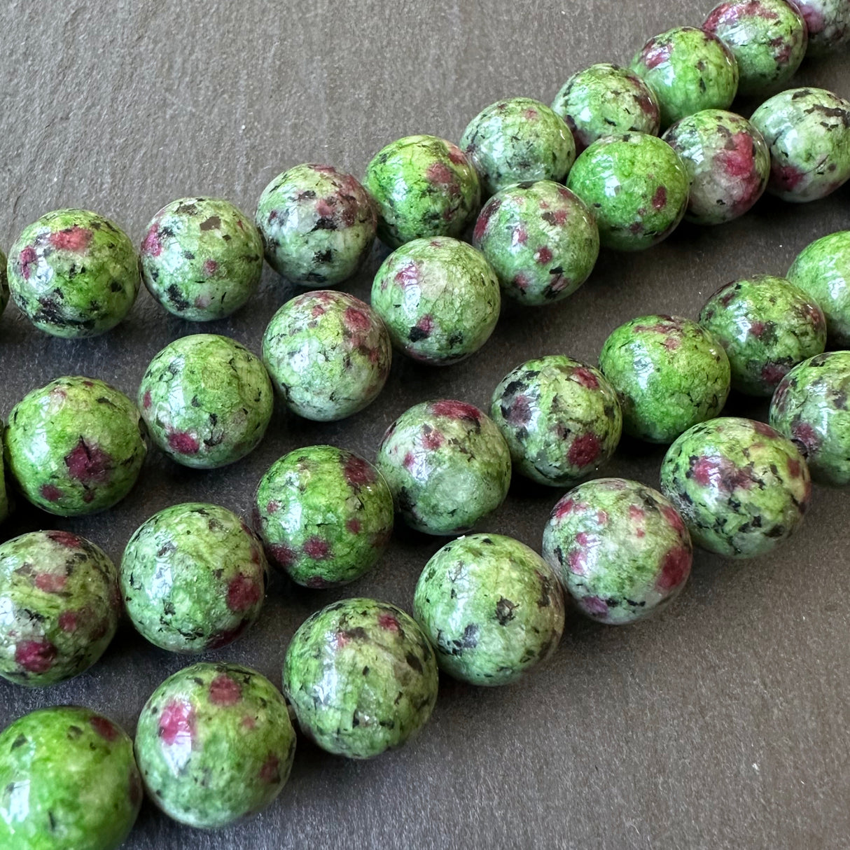 10mm ruby in zoisite beads - round - smooth - 15" strand - approx. 35 beads