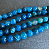 10mm blue striped agate beads - round - smooth - 15" strand - approx. 35 beads