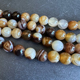 10mm dark brown striped agate beads - round - smooth - 15" strand - approx. 35 beads