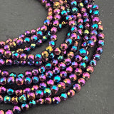 4mm rainbow electroplated hematite - round - faceted - 15" strand - approx. 100 beads