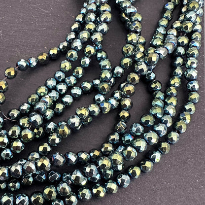 4mm green electroplated hematite beads - round - faceted - 15" strand - approx. 100 beads