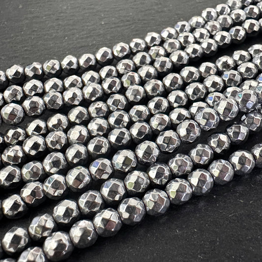 4mm platinum silver electroplated hematite beads - round - faceted - 15" strand - approx. 100 beads