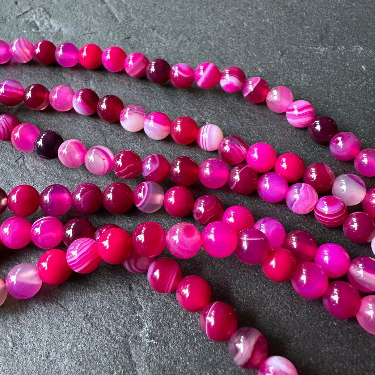 6mm pink striped agate beads - round - smooth - 15" strand - approx. 60 beads ST1-2