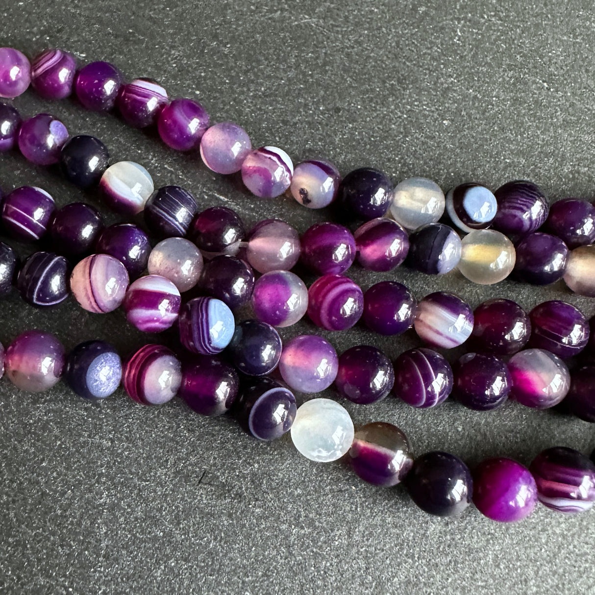 6mm purple striped agate beads - round - smooth - 15" strand - approx. 60 beads