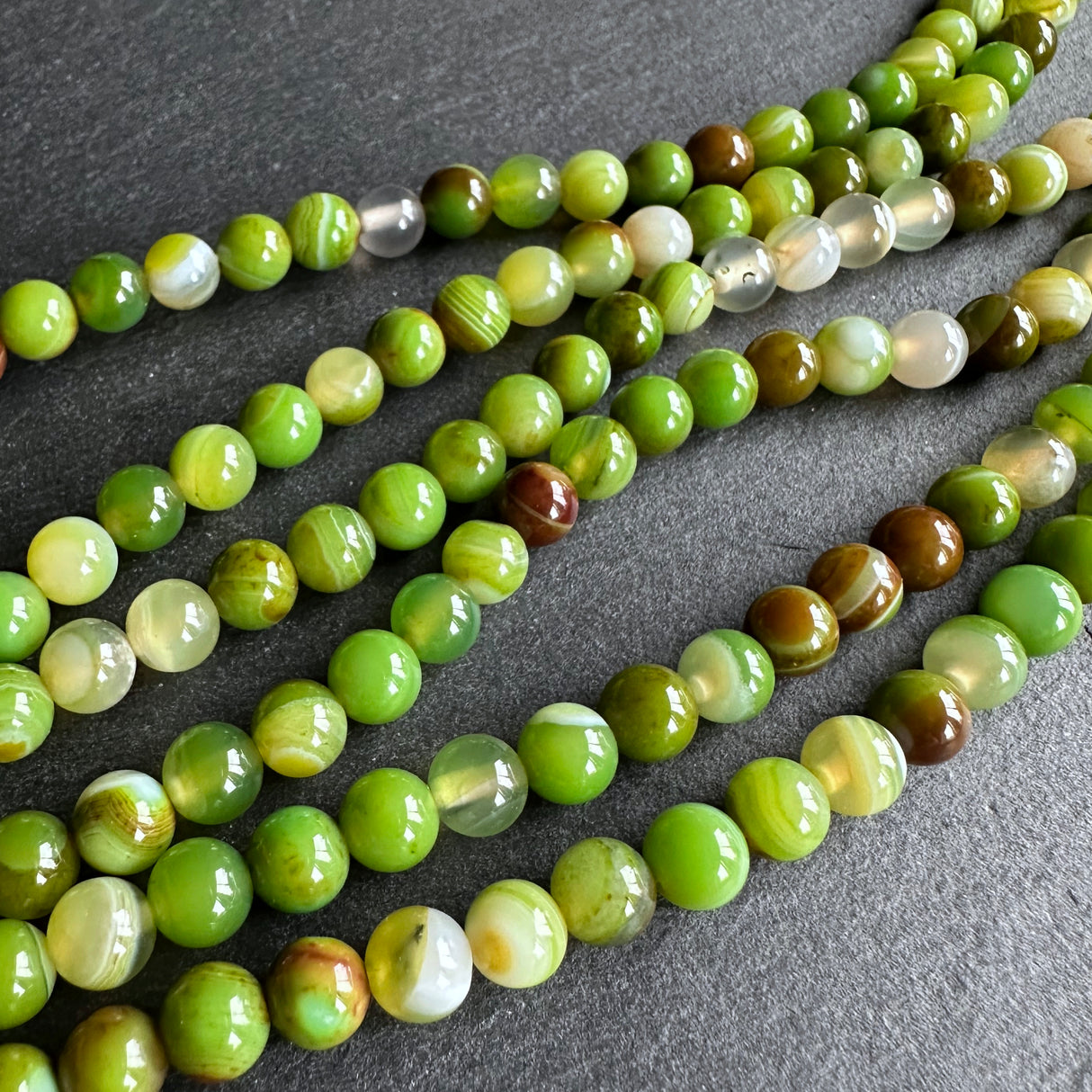 6mm lime green striped agate beads - round - smooth - 15" strand - approx. 60 beads