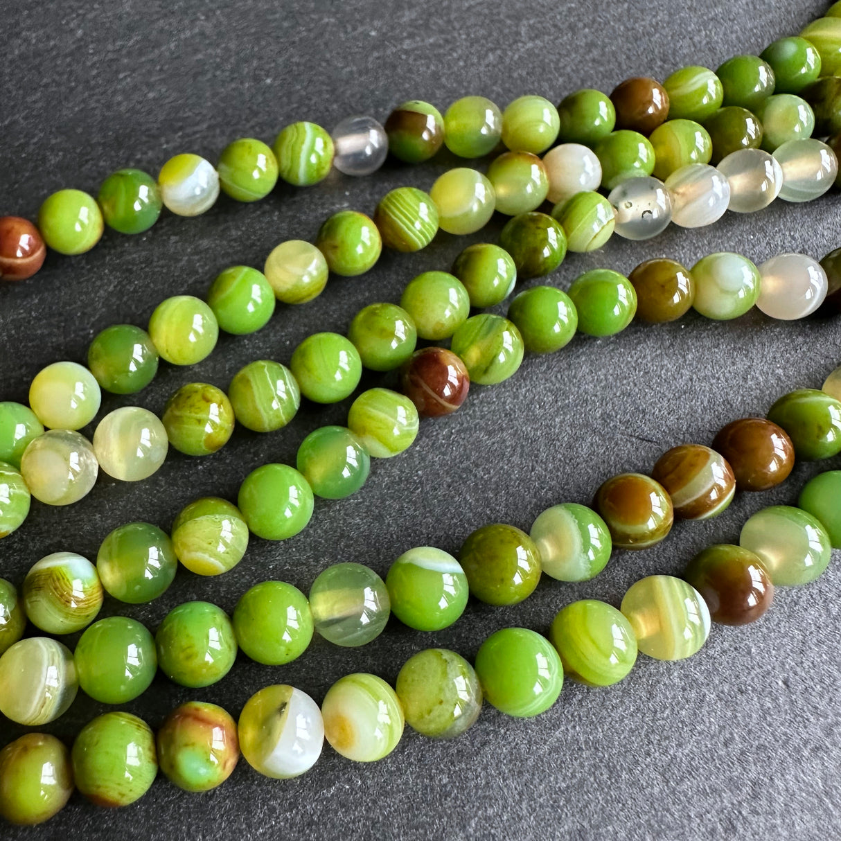 6mm lime green striped agate beads - round - smooth - 15" strand - approx. 60 beads