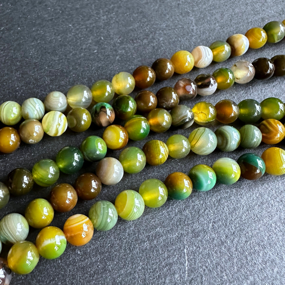 6mm yellow green striped agate beads - round - smooth - 15" strand - approx. 60 beads ST1-6