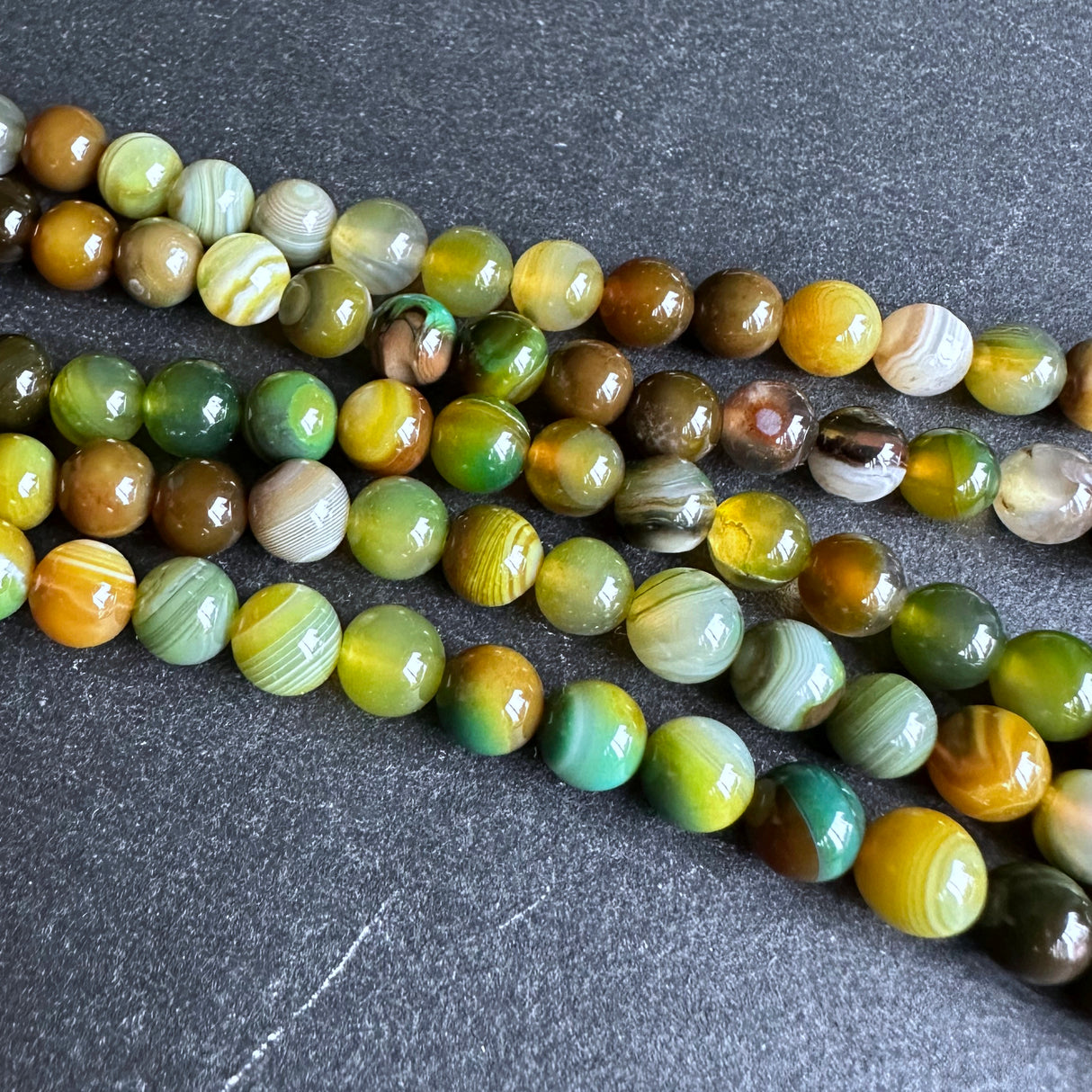 6mm yellow green striped agate beads - round - smooth - 15" strand - approx. 60 beads ST1-6