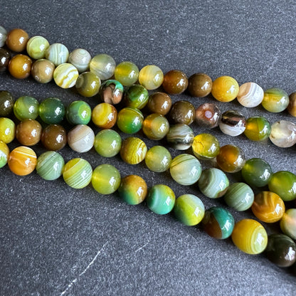 6mm yellow green striped agate beads - round - smooth - 15" strand - approx. 60 beads ST1-6