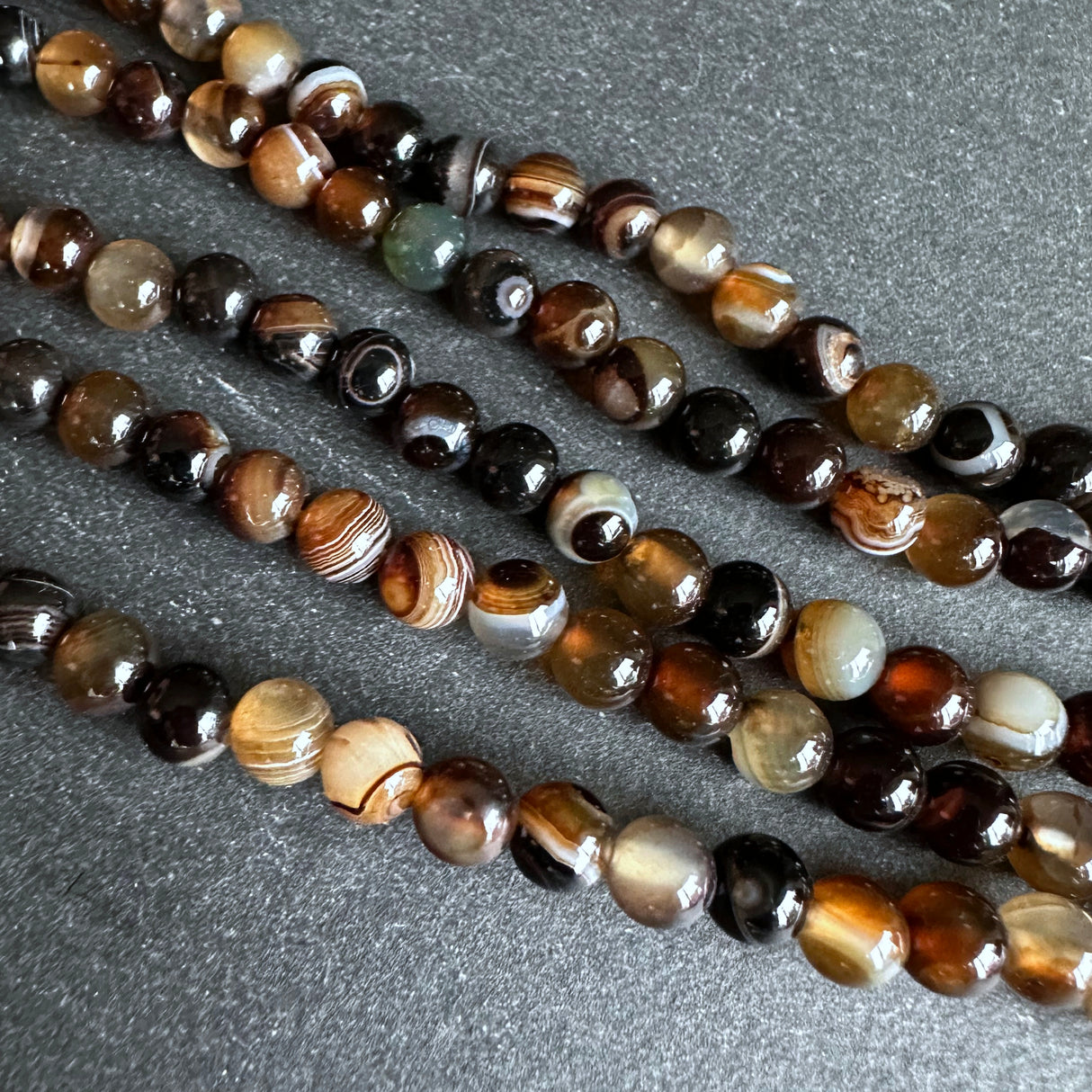 6mm dark brown striped agate beads - round - smooth - 15" strand - approx. 60 beads ST1-1