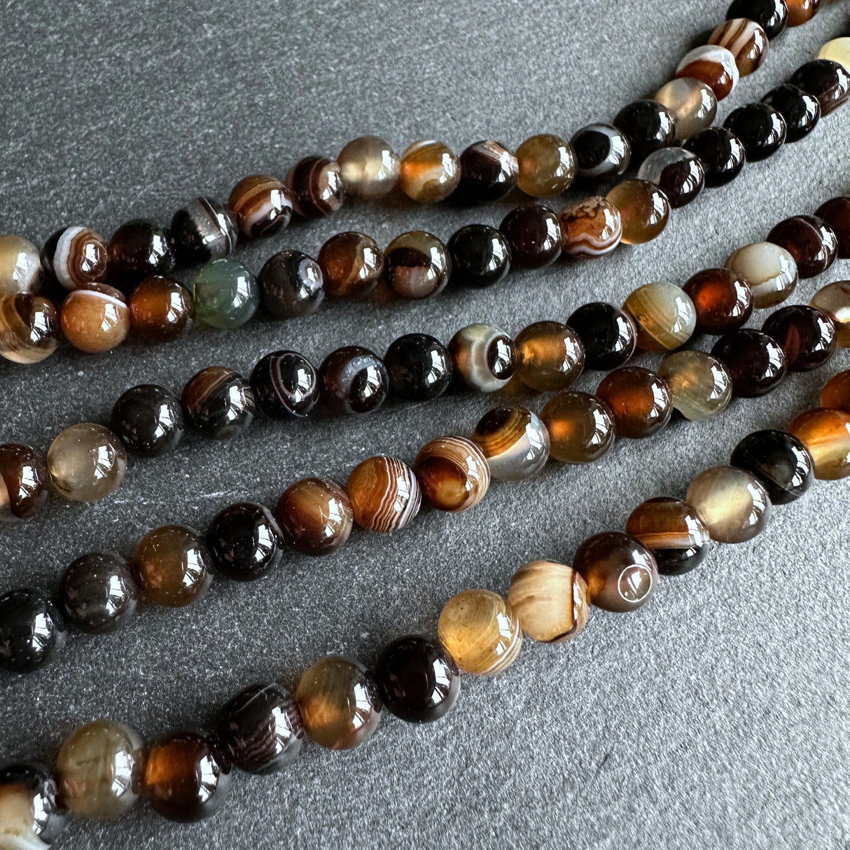 6mm dark brown striped agate beads - round - smooth - 15" strand - approx. 60 beads