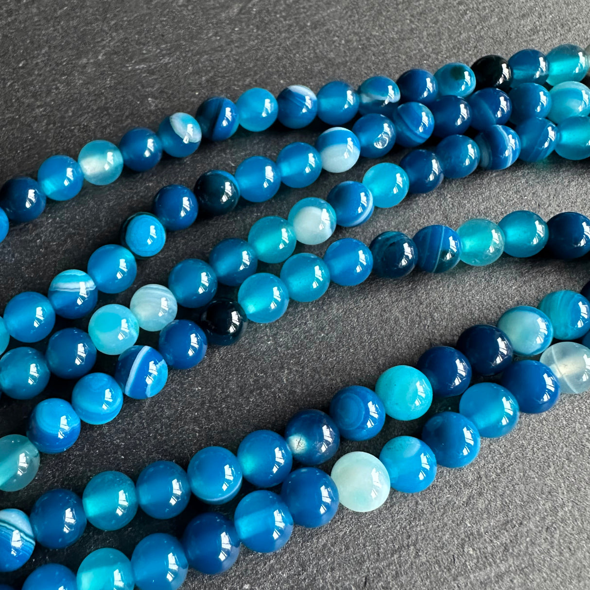 6mm blue striped agate beads - round - smooth - 15" strand - approx. 60 beads