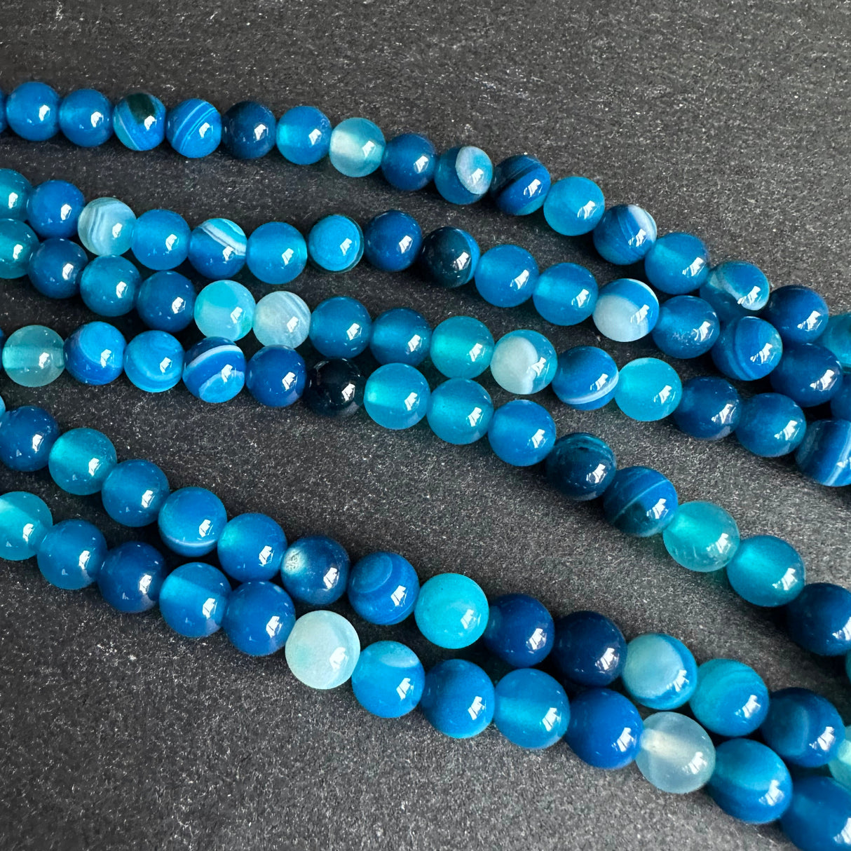 6mm blue striped agate beads - round - smooth - 15" strand - approx. 60 beads