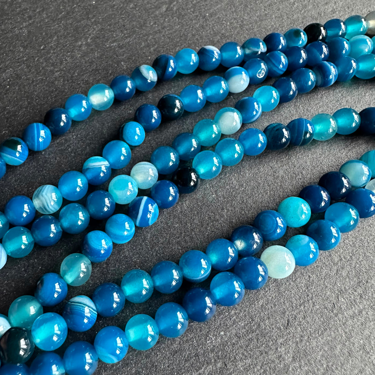 6mm blue striped agate beads - round - smooth - 15" strand - approx. 60 beads ST1-4