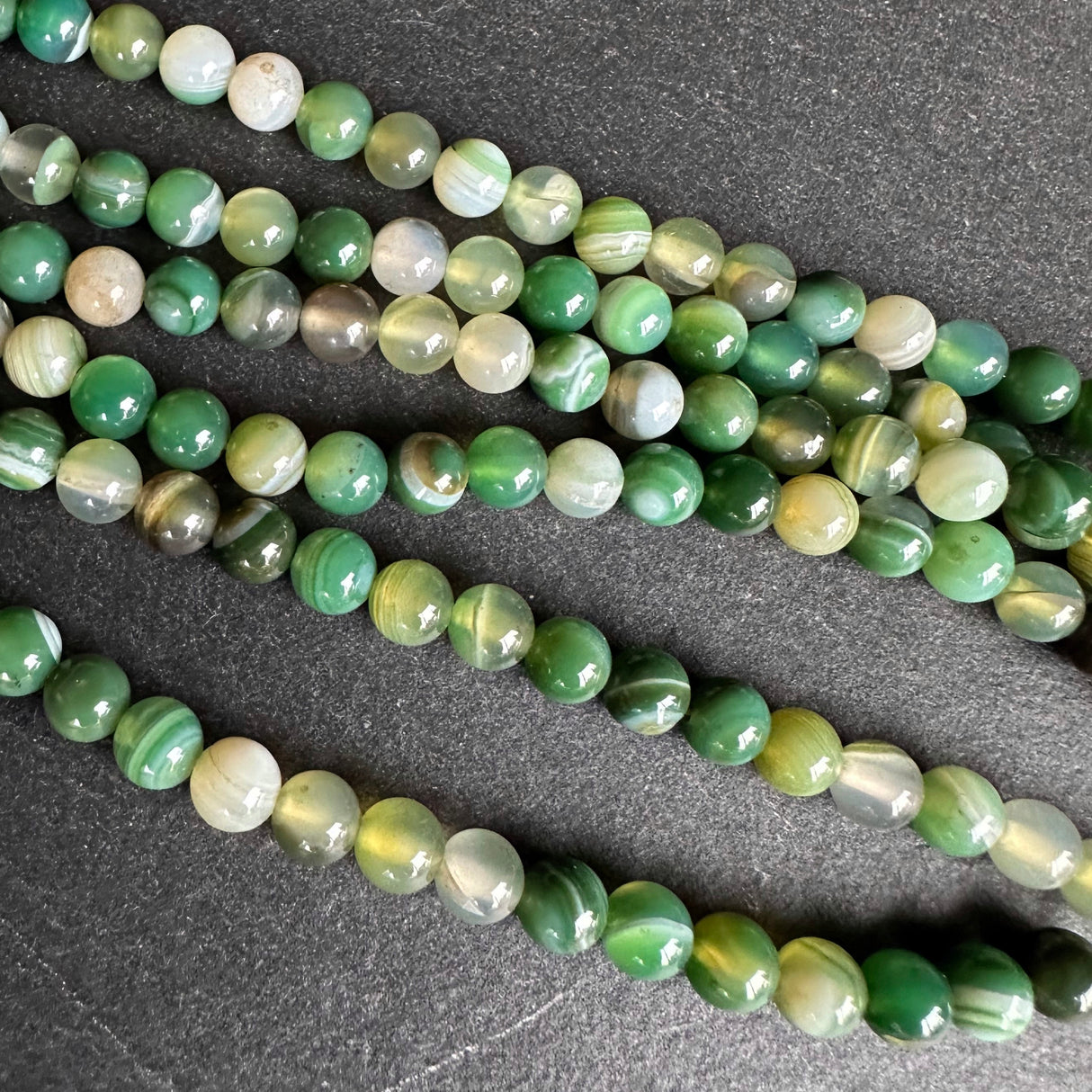 6mm fern green striped agate beads - round - smooth - 15" stand - approx. 60 beads