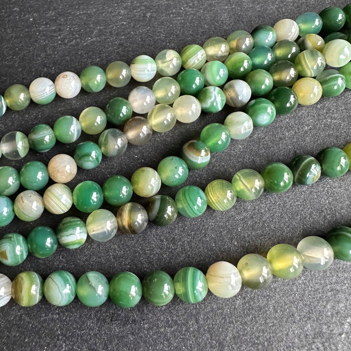 6mm fern green striped agate beads - round - smooth - 15" stand - approx. 60 beads