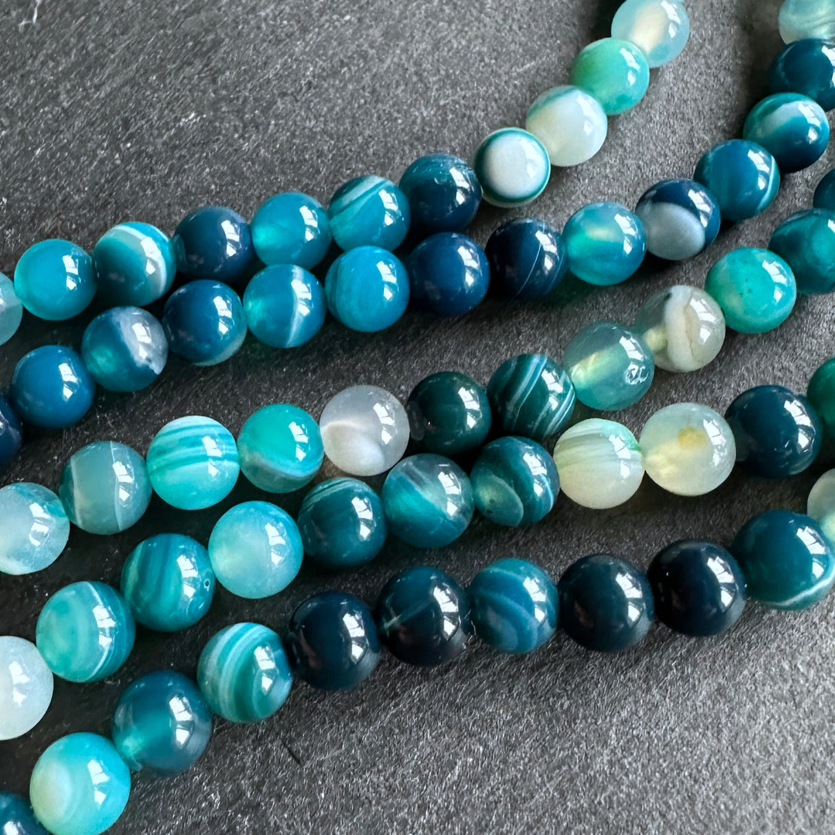 6mm teal striped agate beads - round - smooth - 15" strand - approx. 60 beads ST1-9