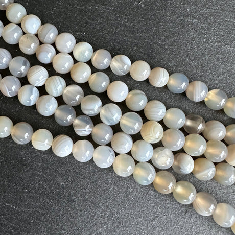 6mm light gray striped agate beads - round - smooth - 15" strand - approx. 60 beads