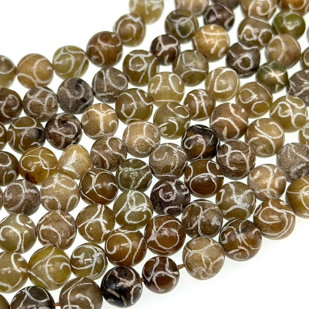 8mm coffee jade beads (dyed) - round - carved - 15" strand - approx. 50 beads