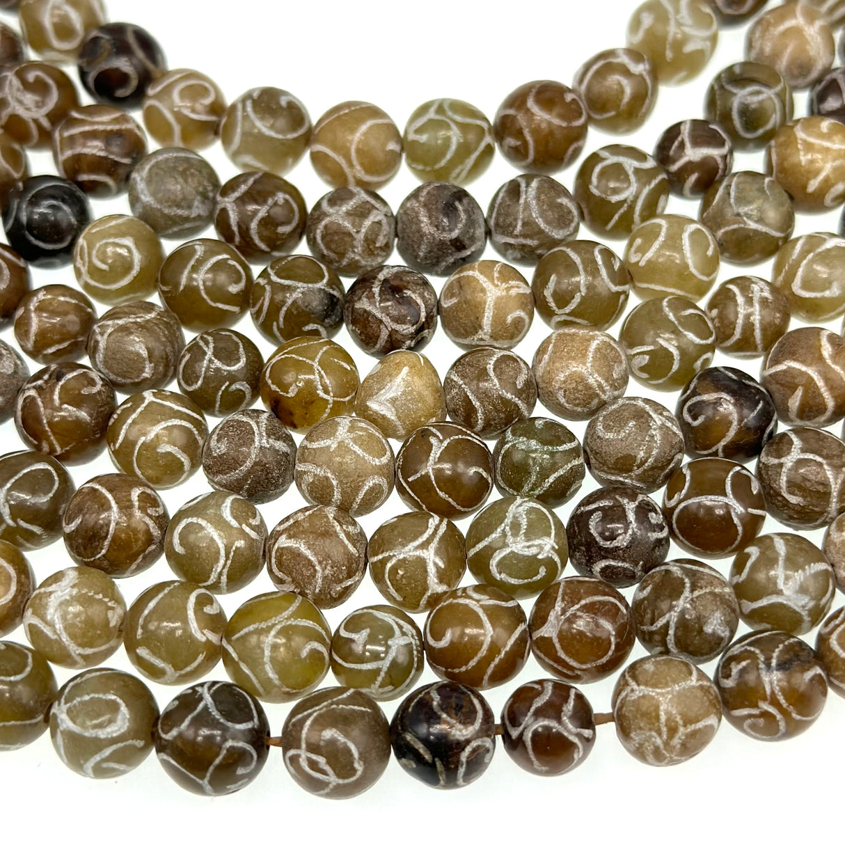 8mm coffee jade beads (dyed) - round - carved - 15" strand - approx. 50 beads