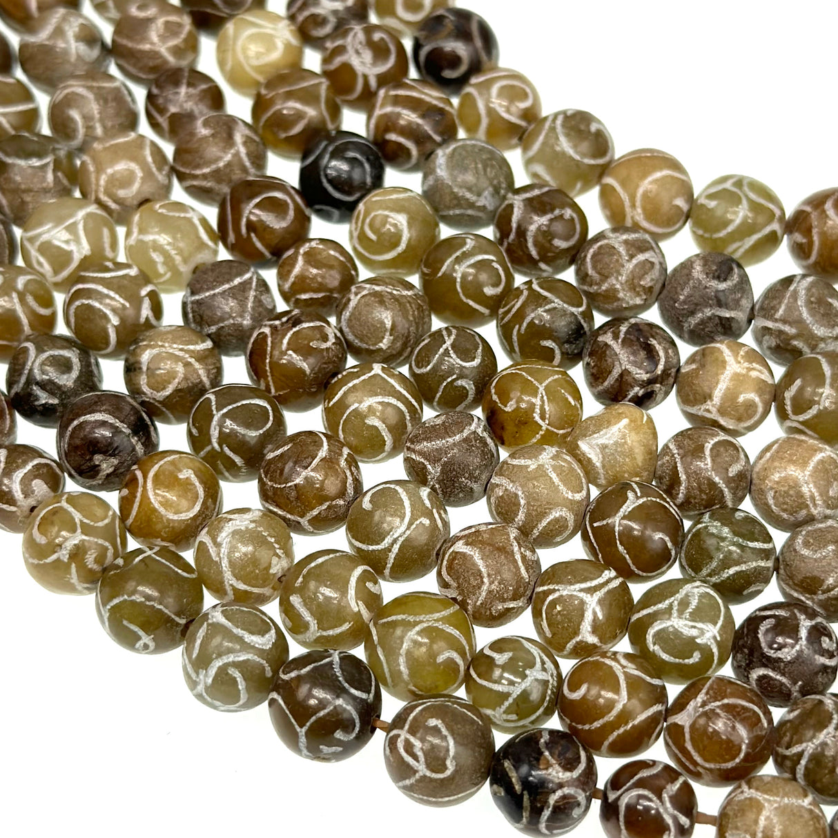 8mm coffee jade beads (dyed) - round - carved - 15" strand - approx. 50 beads