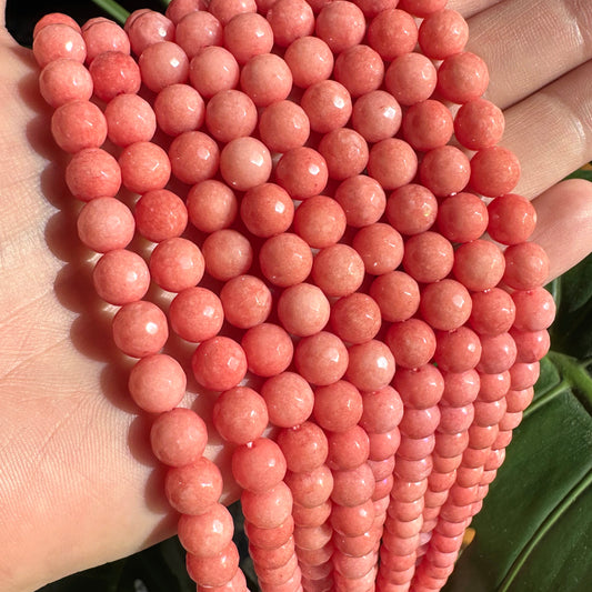 8mm coral candy jade (quartz) - round- faceted (dyed) WJ40-4