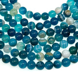 8mm blue striped agate beads (dyed) - round - smooth - 15" strand - approx. 50 beads