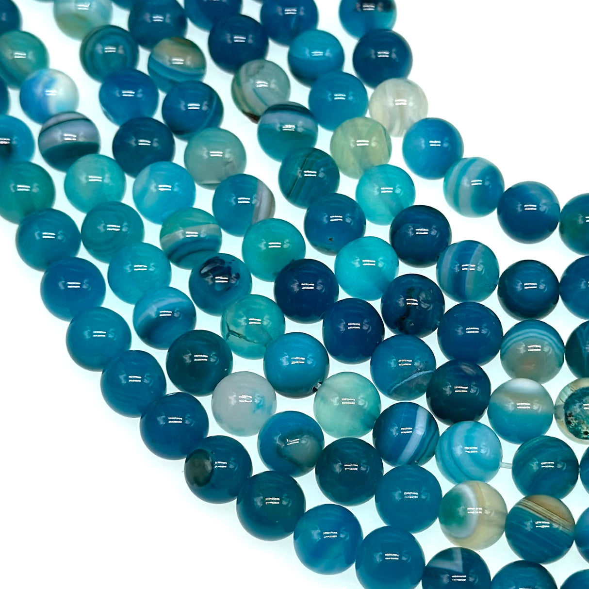 8mm blue striped agate beads (dyed) - round - smooth - 15" strand - approx. 50 beads