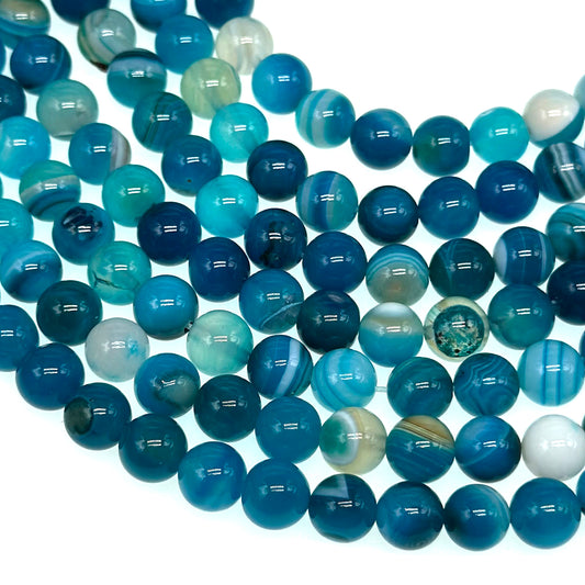 8mm blue striped agate beads (dyed) - round - smooth - 15" strand - approx. 50 beads ST2-6