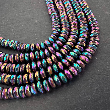 6mm rainbow electroplated hematite beads - rondelle - faceted - 15" strand - approx. 100 beads