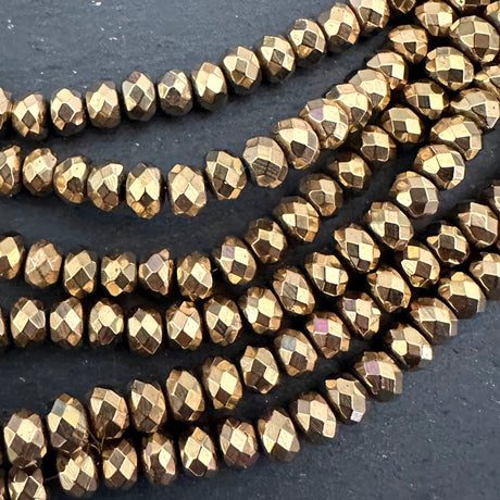 6mm gold electroplated hematite beads - rondelle - faceted - 15" strand - approx. 100 beads