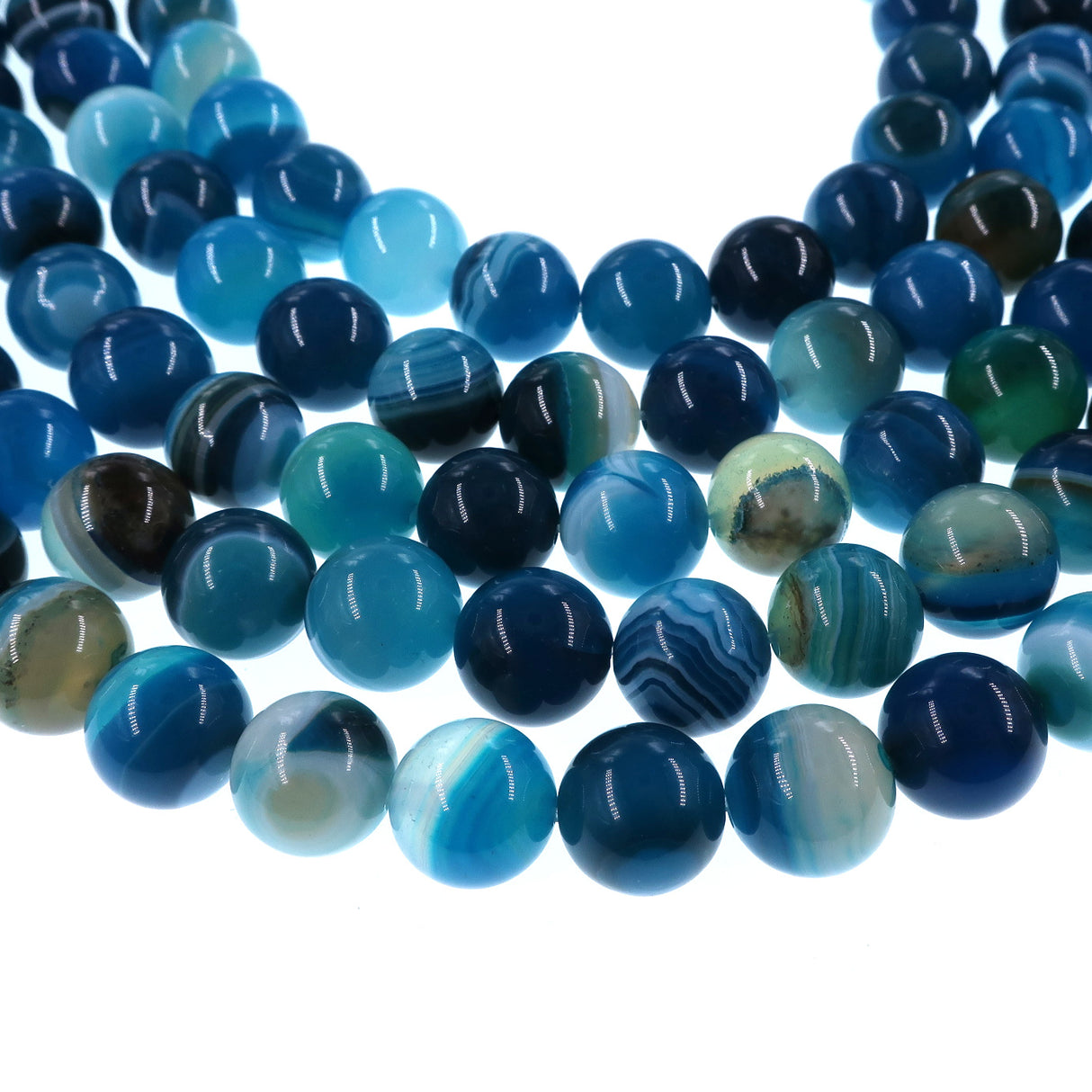 10mm blue striped agate beads - round - smooth - 15" strand - approx. 35 beads ST3-1