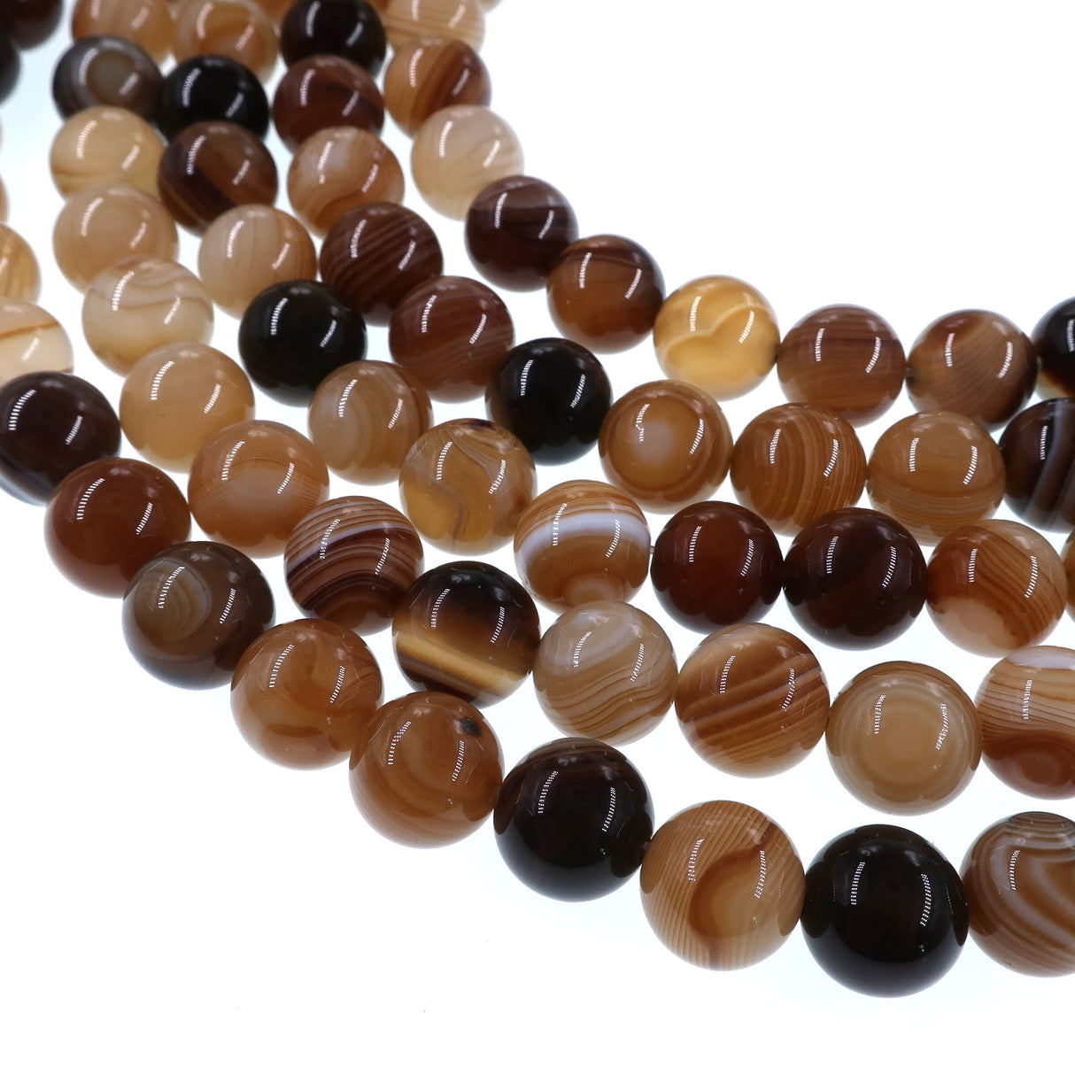 10mm dark brown striped agate beads - round - smooth - 15" strand - approx. 35 beads ST3-2