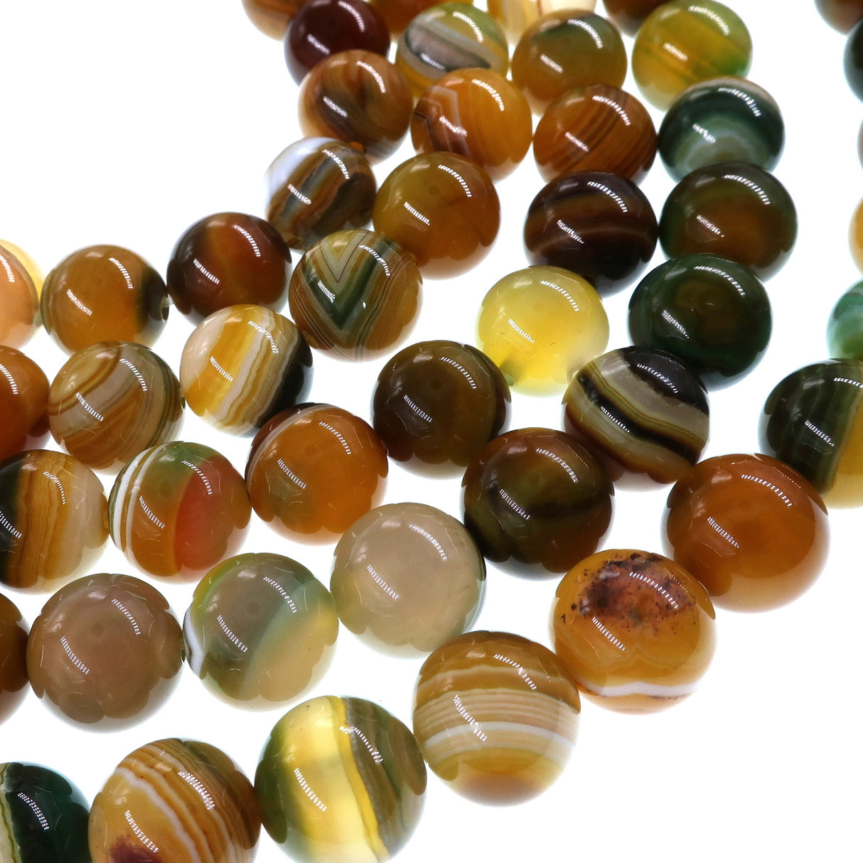 10mm yellow green striped agate beads - round - smooth - 15" strand - approx. 35 beads ST3-10