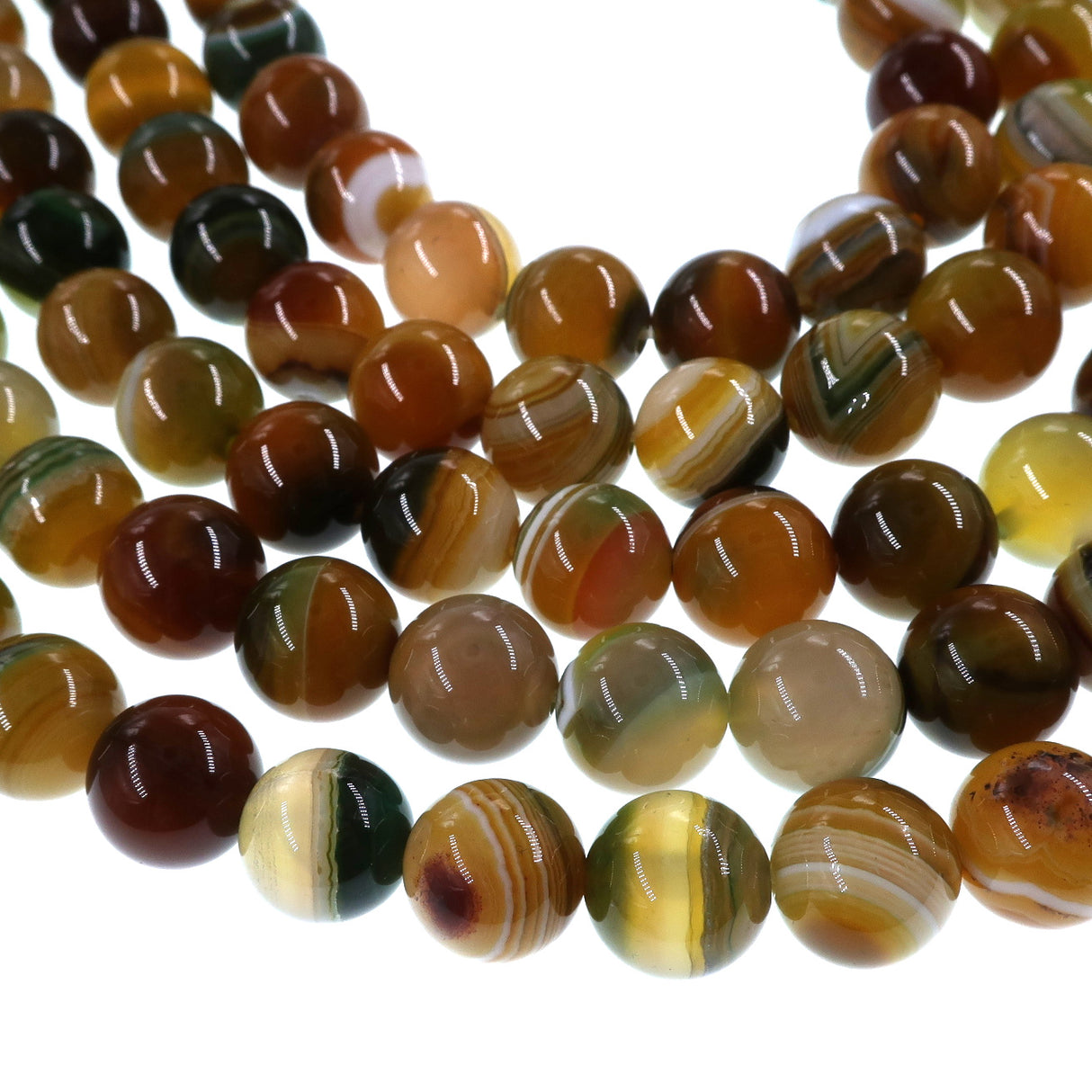 10mm yellow green striped agate beads - round - smooth - 15" strand - approx. 35 beads ST3-10