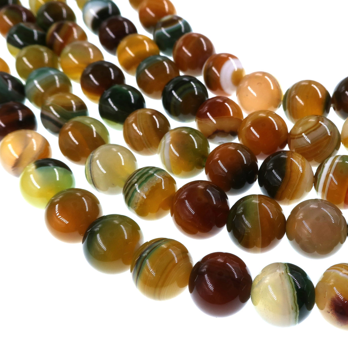 10mm yellow green striped agate beads - round - smooth - 15" strand - approx. 35 beads ST3-10