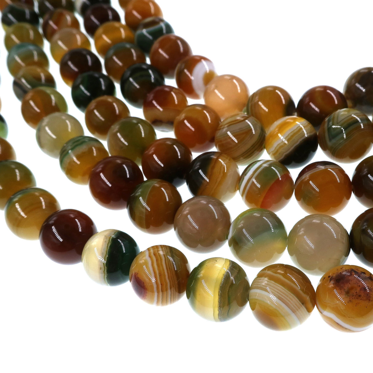 10mm yellow green striped agate beads - round - smooth - 15" strand - approx. 35 beads ST3-10