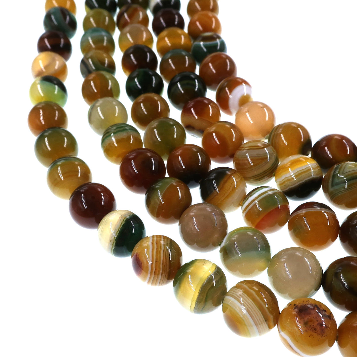 10mm yellow green striped agate beads - round - smooth - 15" strand - approx. 35 beads ST3-10